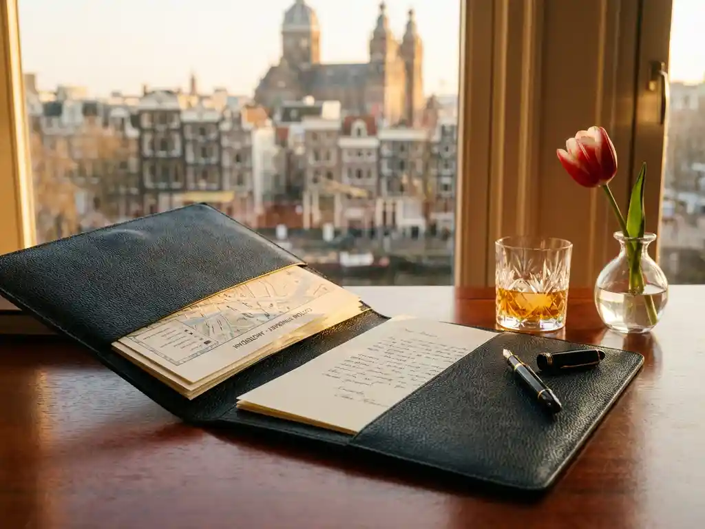 Black leather portfolio open on mahogany desk with itinerary documents, gold Mont Blanc pen, whiskey glass, and Dutch tulip in crystal vase