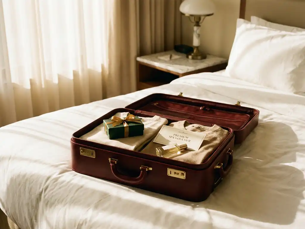 Open burgundy leather suitcase on hotel bed with folded clothes, gift box, and spa voucher in golden sunlight