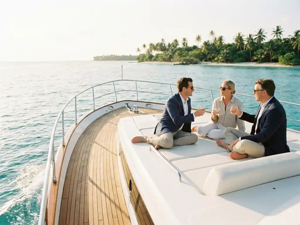 Business professionals relaxing on luxury yacht deck with turquoise waters and tropical palm tree coastline in background