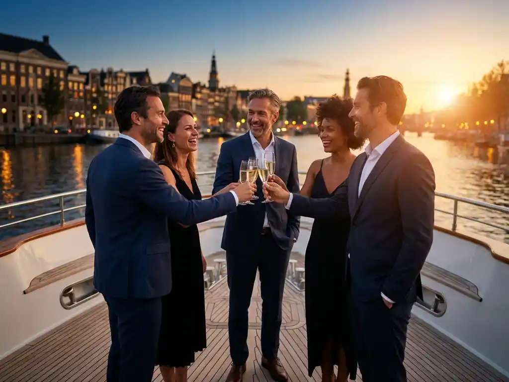 Professionals toasting with champagne glasses on luxury yacht deck at golden hour with Amsterdam skyline in background
