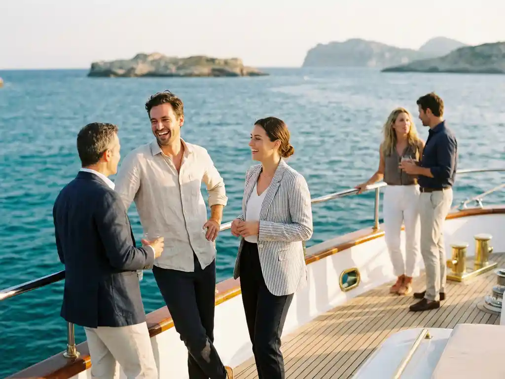 Professionals enjoying conversation on luxury yacht deck with turquoise Mediterranean waters and distant islands