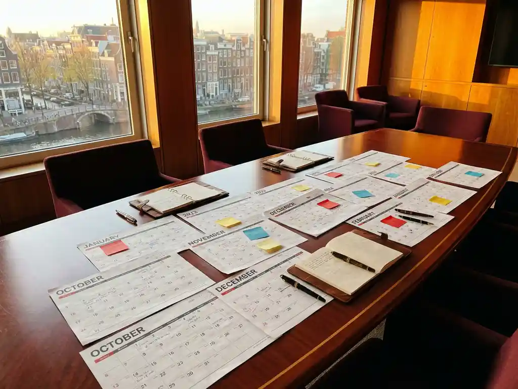 Mahogany conference table with scattered paper calendars, colorful sticky notes, and fountain pens in Amsterdam boardroom during golden hour