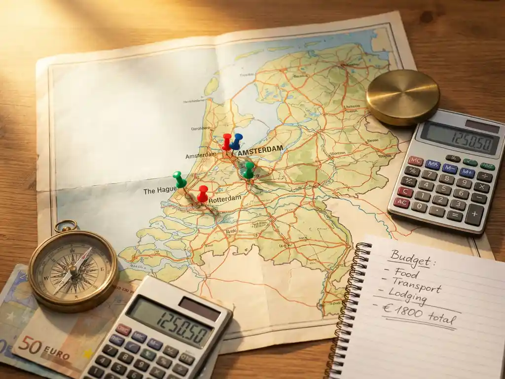 Netherlands map with colorful pushpins marking Amsterdam, Rotterdam, and The Hague surrounded by euro bills, calculator, compass, and handwritten budget notes on wooden desk