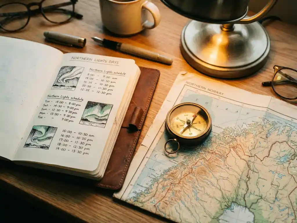 Event planner's desk with open leather notebook showing northern lights schedules, vintage compass, and topographic map of northern Norway under warm lamp light
