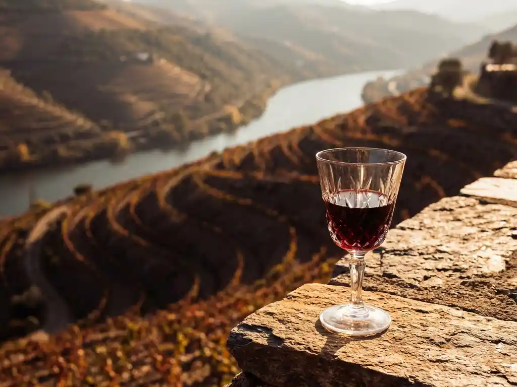 Crystal wine glass filled with ruby port on stone terrace overlooking terraced Douro Valley vineyards in golden sunlight