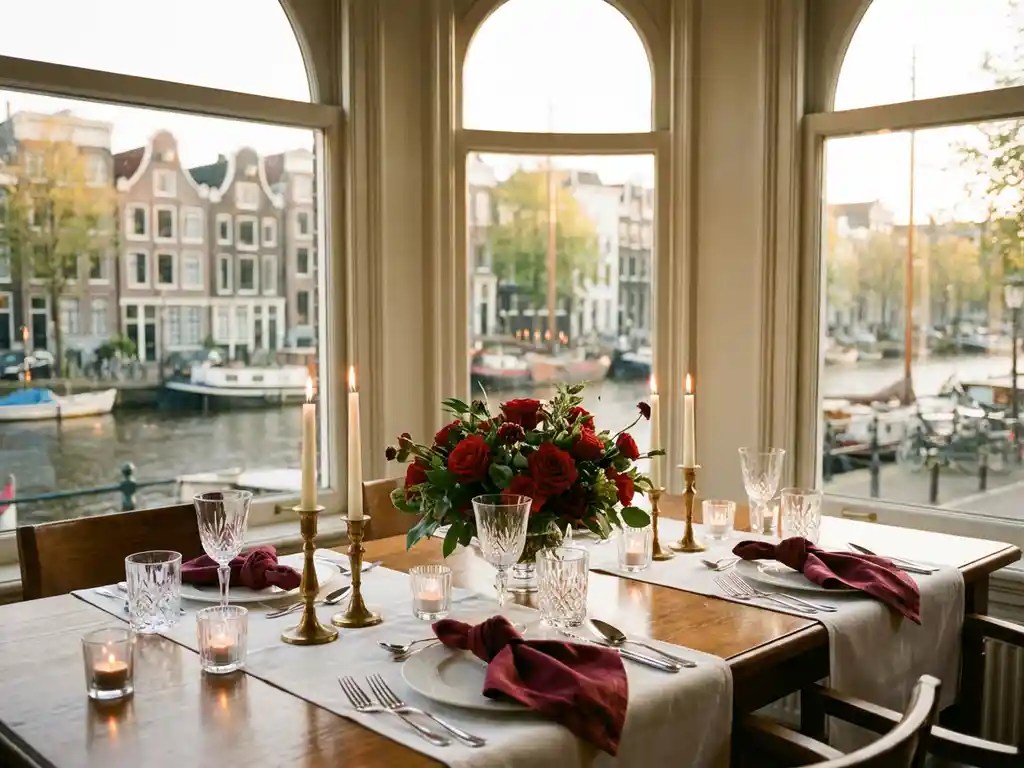 Elegant dining table for four with white linens and crystal glasses beside windows overlooking Amsterdam canals at sunset