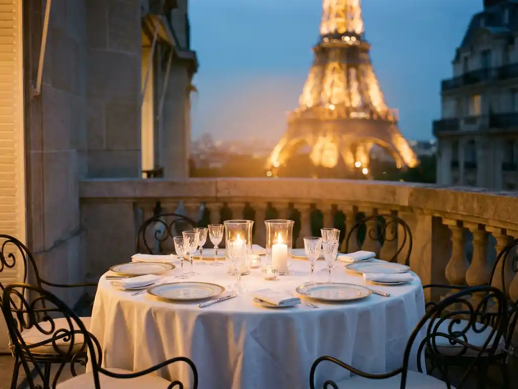 Elegant dining table for six with white linens and gold-rimmed china on stone balcony overlooking illuminated Eiffel Tower at twilight