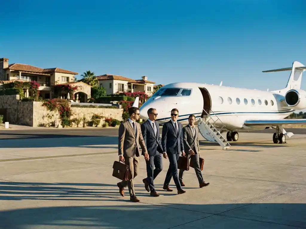 Business team with briefcases walking toward private jet on Mediterranean tarmac with luxury villas in background during golden hour