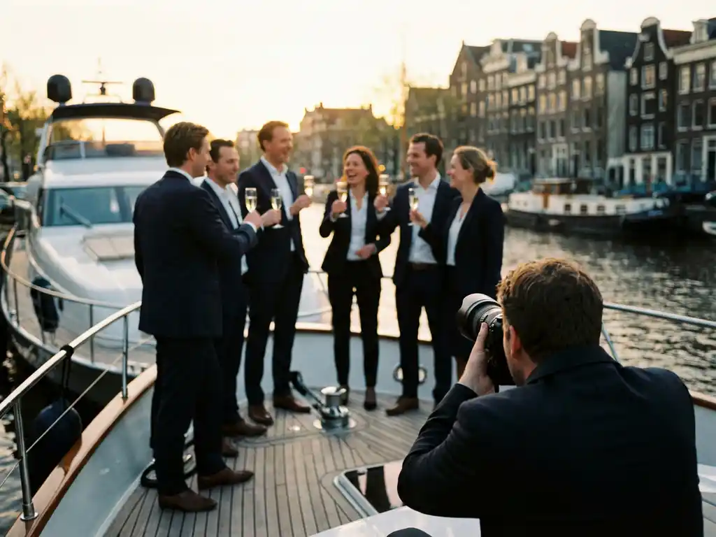 Professional photographer adjusting camera settings while capturing business executives celebrating with champagne on luxury yacht deck near Amsterdam canal houses during golden hour