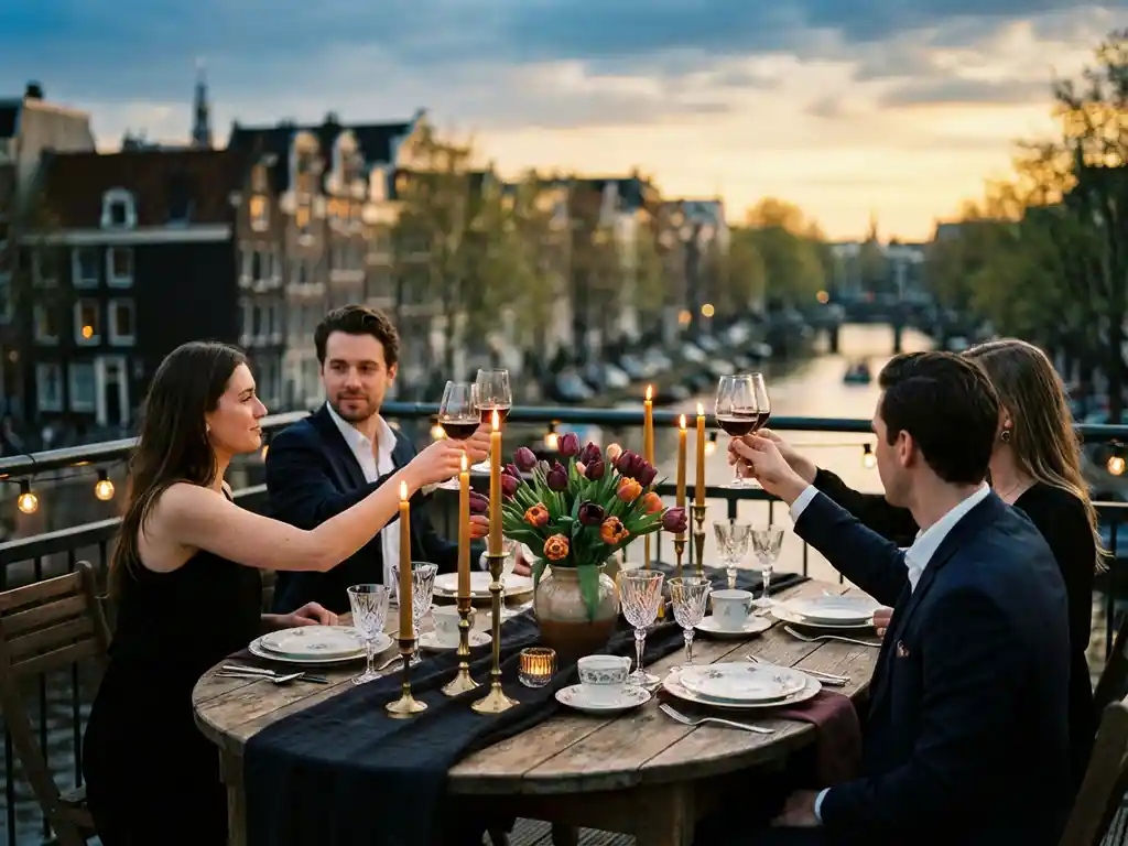 Elegant rooftop dinner party with guests toasting over candlelit table, Amsterdam canal houses glowing at golden hour below