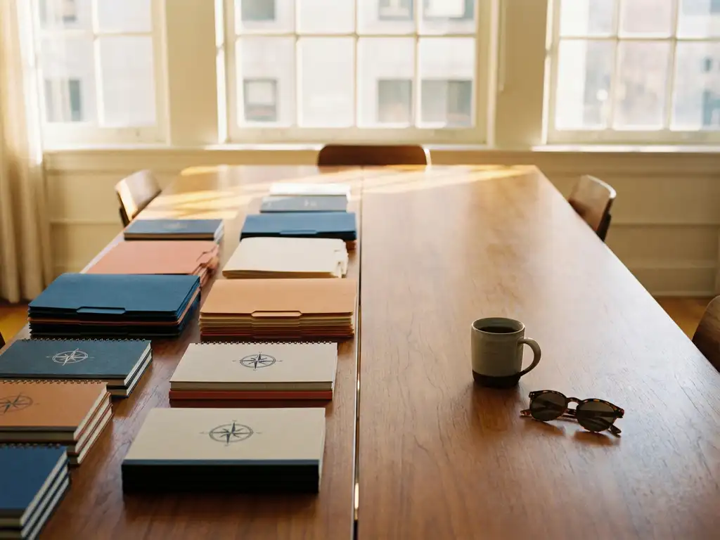 Wooden conference table split between organized colorful itinerary folders on one side and clear space with coffee cup on the other, representing balanced vacation planning