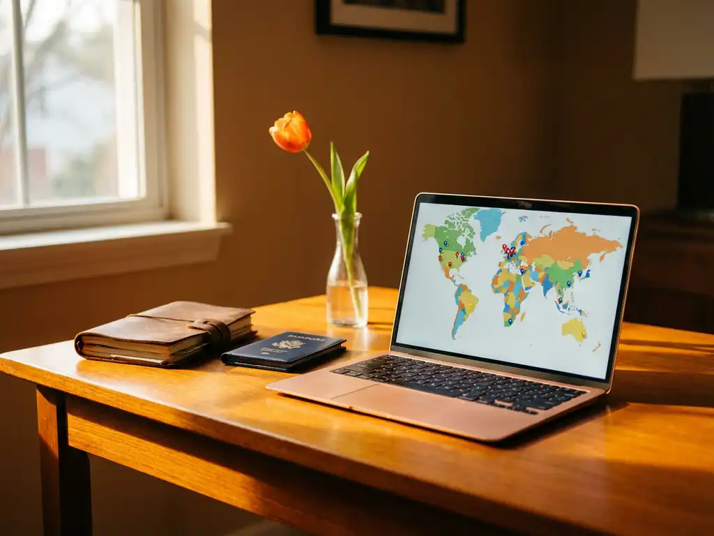 Laptop displaying world map with destination pins on wooden desk beside travel journal, passport, and tulip in sunlight