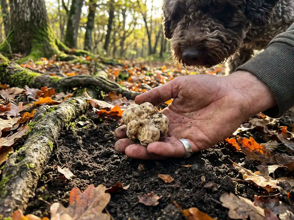 Weathered hand holding fresh white truffle above rich Italian forest soil with autumn oak leaves and hunting dog in background