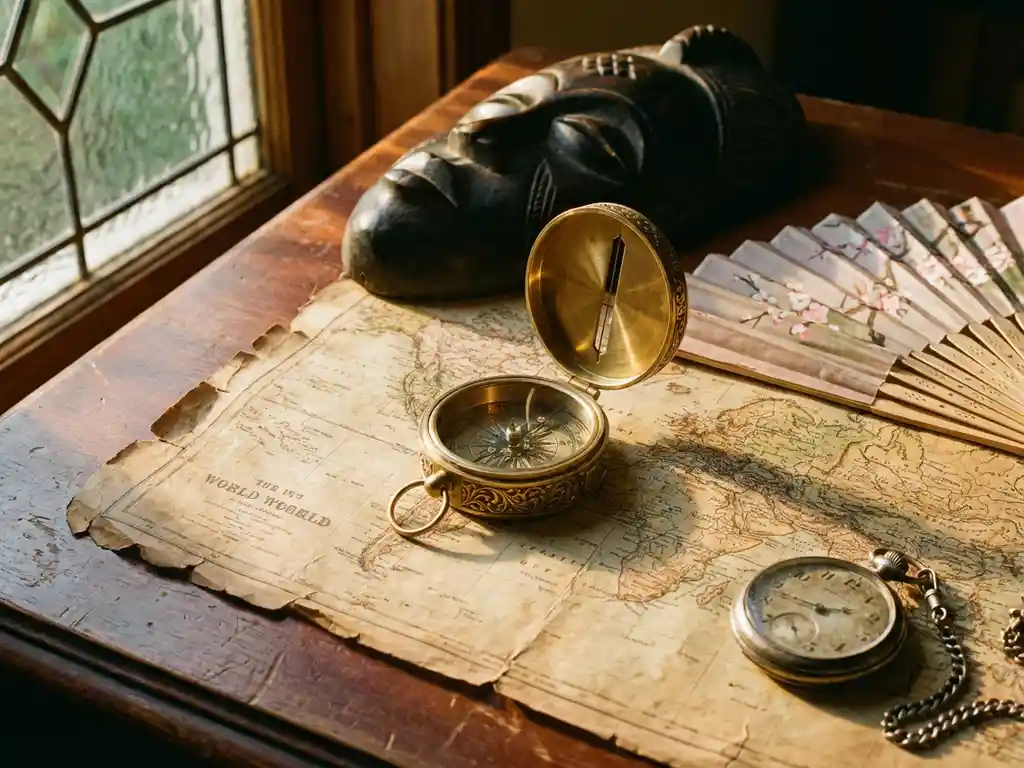 Vintage brass compass with ornate engravings on weathered world map surrounded by Japanese fan, African wooden mask, and European pocket watch on mahogany desk