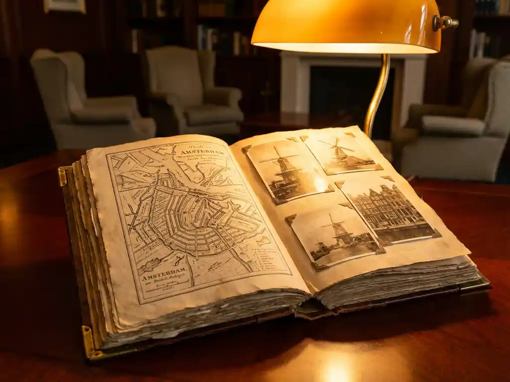 Vintage leather journal with hand-drawn maps and sepia photographs of Dutch windmills on mahogany table under warm amber light