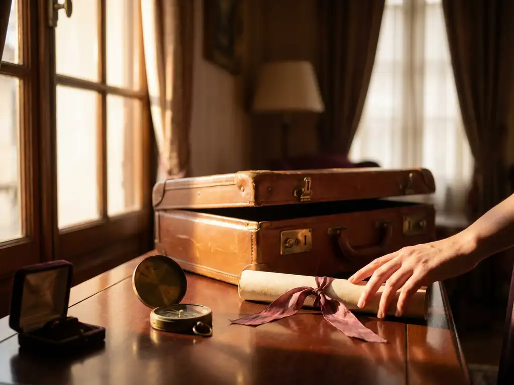 Vintage leather suitcase on mahogany desk reveals hidden compartments with parchment scroll, brass compass, and velvet jewelry box in golden light