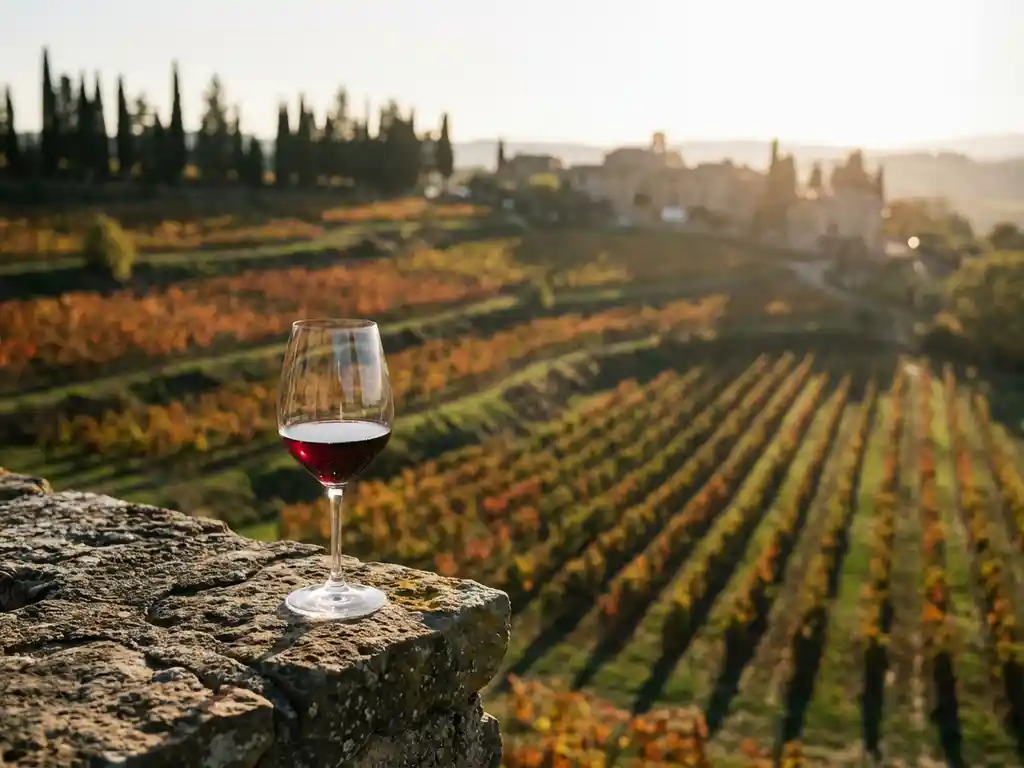 Wine glass filled with burgundy wine on stone ledge overlooking Tuscan vineyard terraces with cypress trees and rolling hills