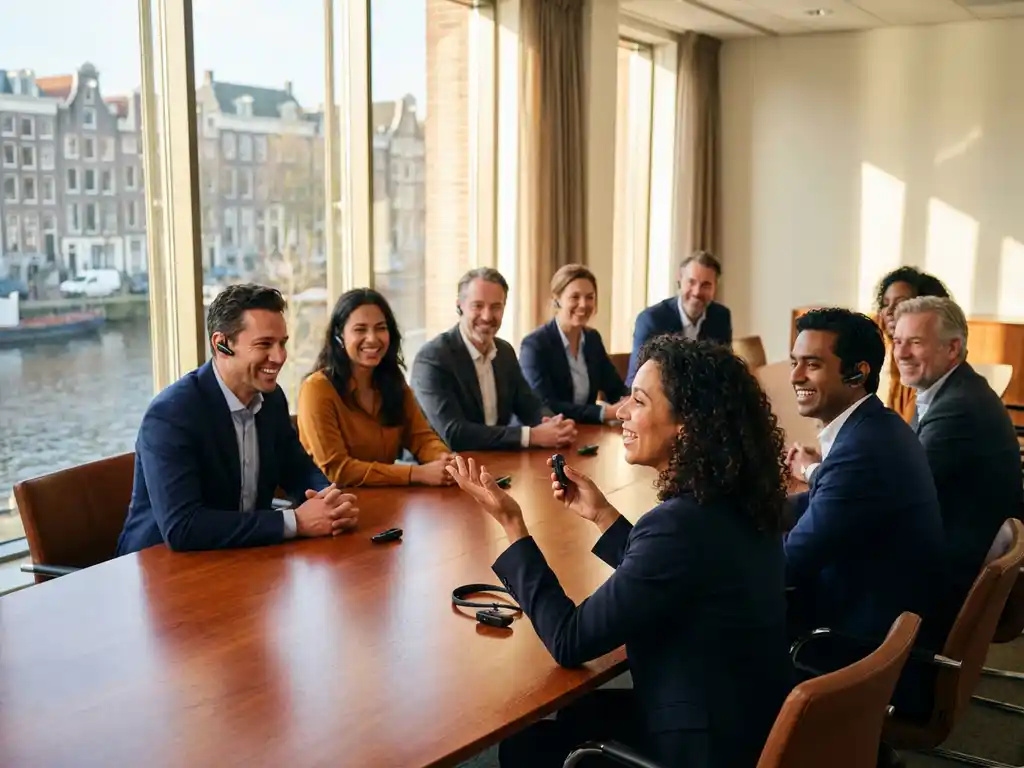 Business professionals from diverse backgrounds collaborate around mahogany conference table holding wireless translation devices in modern Dutch office with natural lighting.