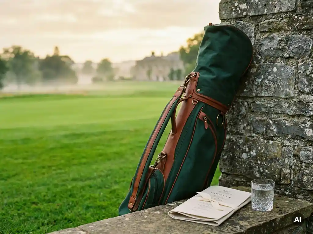 Golf bag against Adare Manor's limestone wall, lush Irish fairway fading into morning mist, linen itinerary and crystal water glass nearby.