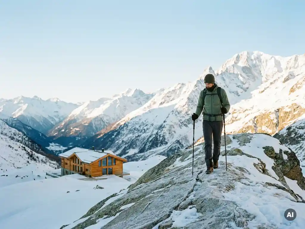 Hiker in merino wool gear pausing on a snow-dusted Alpine ridge, luxury glass-and-timber chalet nestled in a pristine valley below.