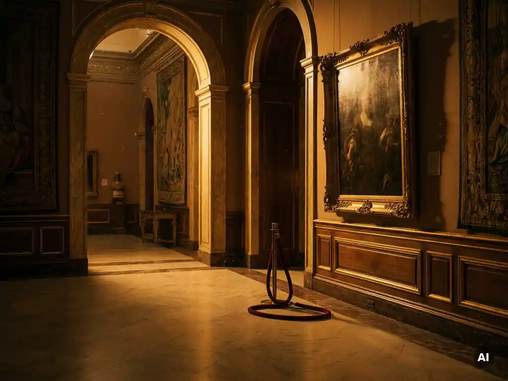 Empty Amsterdam museum gallery after hours, amber-lit marble corridors fading into shadow beside an unclipped velvet rope and classical painting.