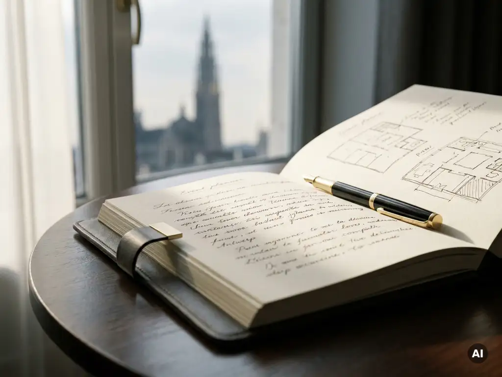 Event planner's notebook with handwritten venue notes and elegant pen, Antwerp cathedral softly visible through window in warm natural light.