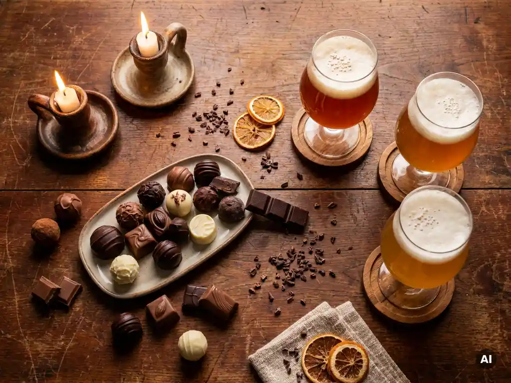 Artisan Belgian chocolates in dark, milk, and white varieties paired with amber and golden ales in tulip glasses on a candlelit oak table.