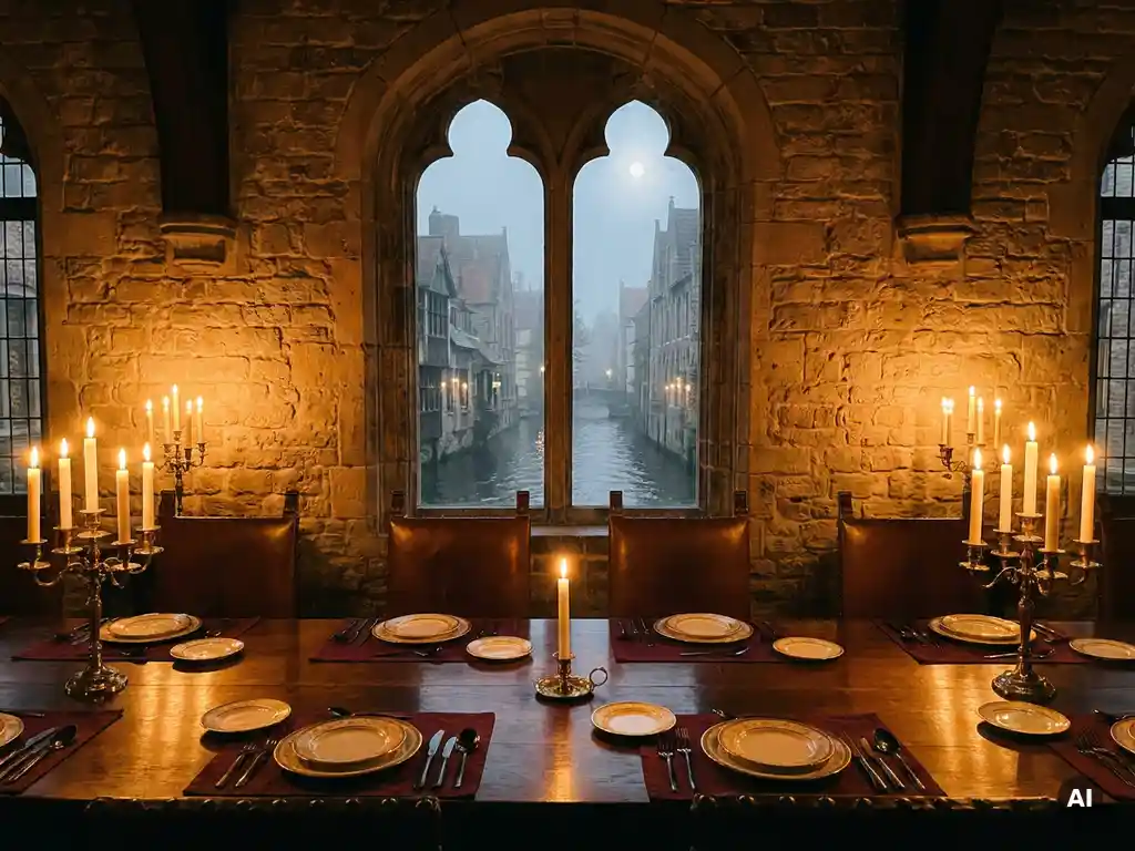 Candlelit executive dining table in a Bruges guild hall with dark wood, stone walls, and a misty medieval canal visible through an arched window.