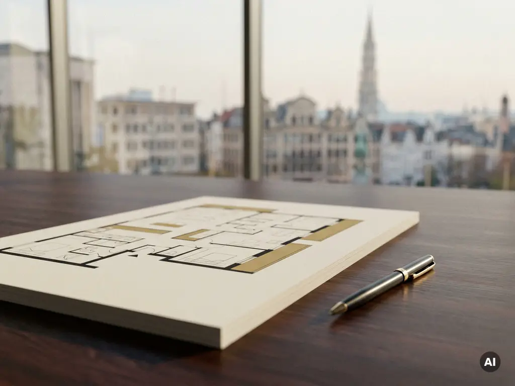 Event floor plan on white paper beside an elegant pen, Brussels skyline visible through floor-to-ceiling window in soft afternoon light.