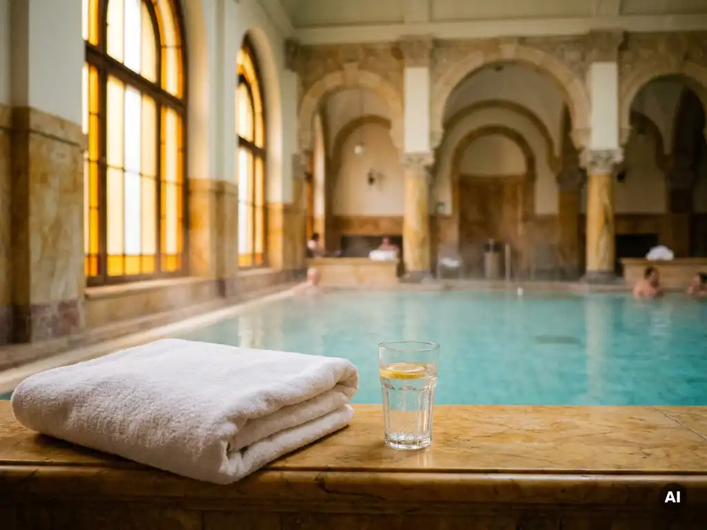 Grand Budapest thermal bath with ornate stone arches, turquoise mineral water, and steam rising beneath tall arched windows.