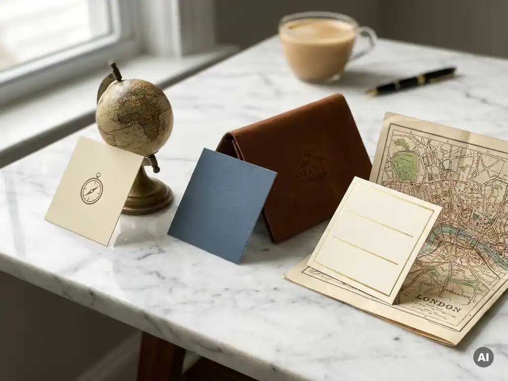 Three business cards fanned on a marble desk, each leaning against a globe, branded folder, and city map in warm ivory and gold tones.