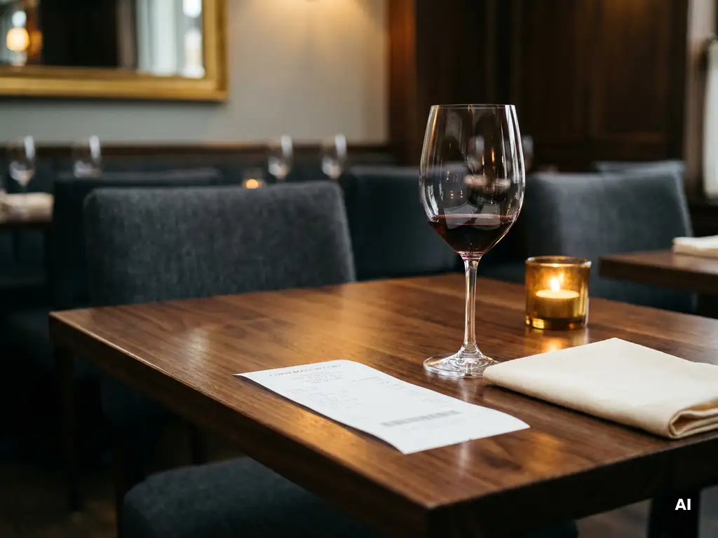 Corporate receipt and half-empty wine glass on a candlelit restaurant table beside a folded linen napkin.