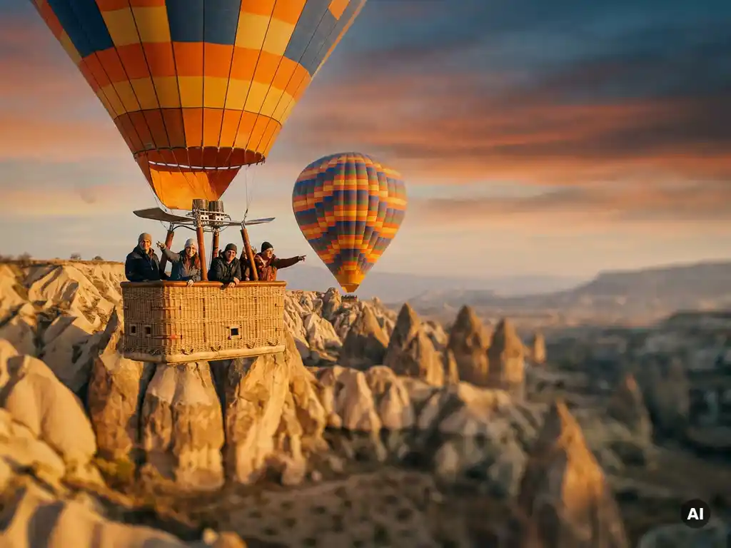 Hot air balloon drifting over Cappadocia's fairy chimneys at golden hour, professionals in wicker basket, warm terracotta tones.