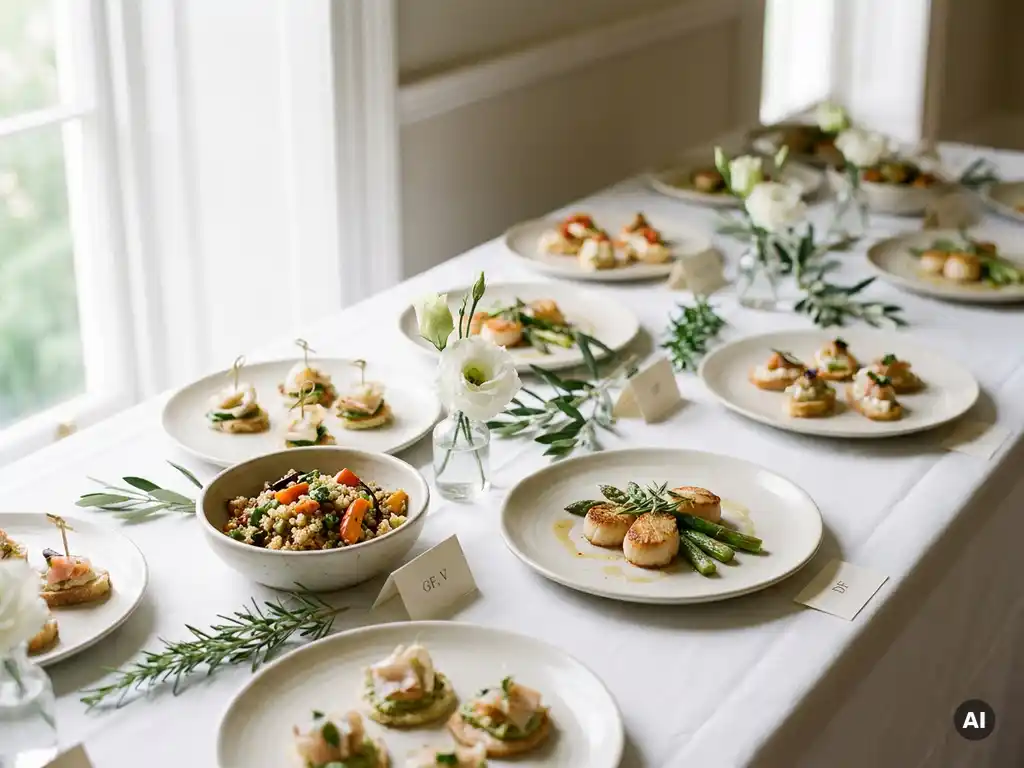 Elegantly plated corporate event dishes on a white linen table with allergen-friendly label cards, fresh herbs, and soft natural daylight.