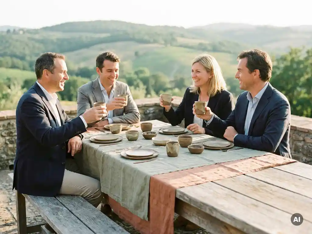 Professionals sharing unhurried conversation over ceramic cups at a sunlit countryside terrace with lush green hills in the background.