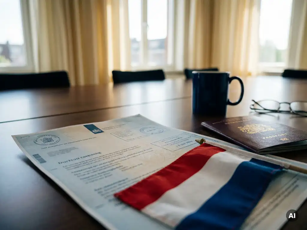 Dutch tax document on conference table beside a small Dutch flag and foreign passport, soft natural daylight, minimalist workspace.