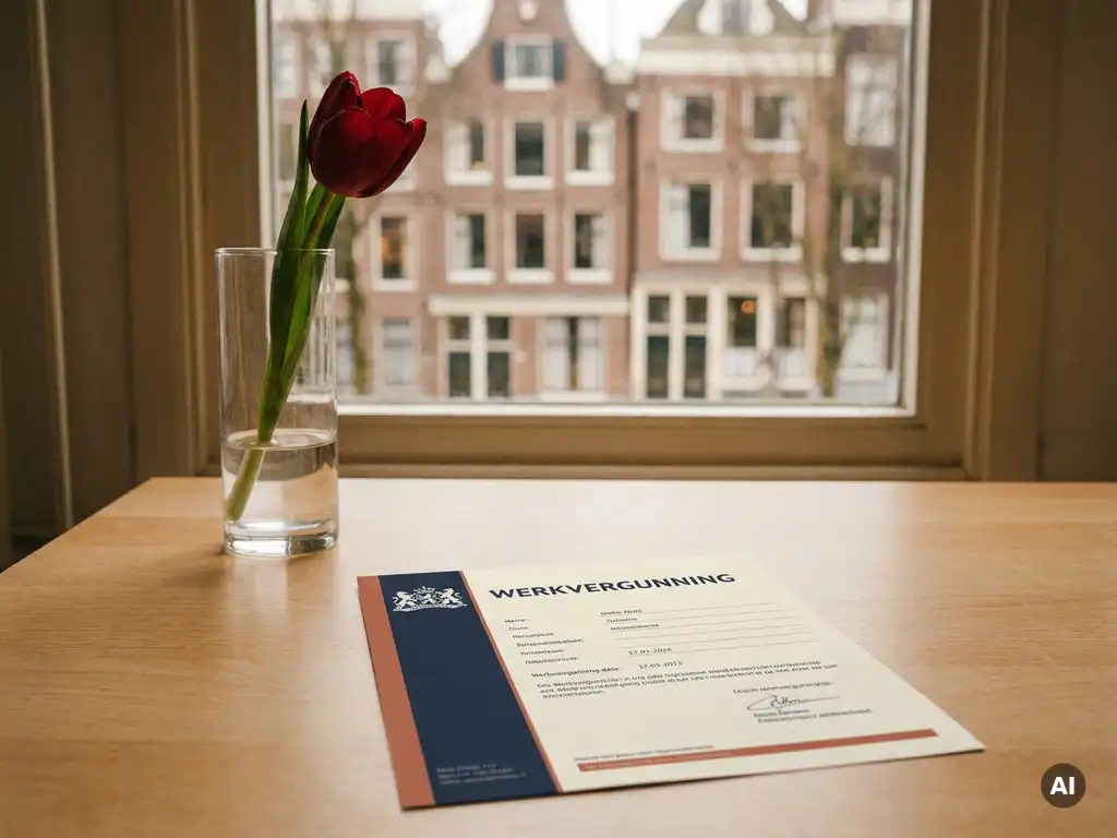 Dutch work permit document on a minimalist desk beside a tulip in a glass vase, Amsterdam canal architecture visible through a sunlit window.