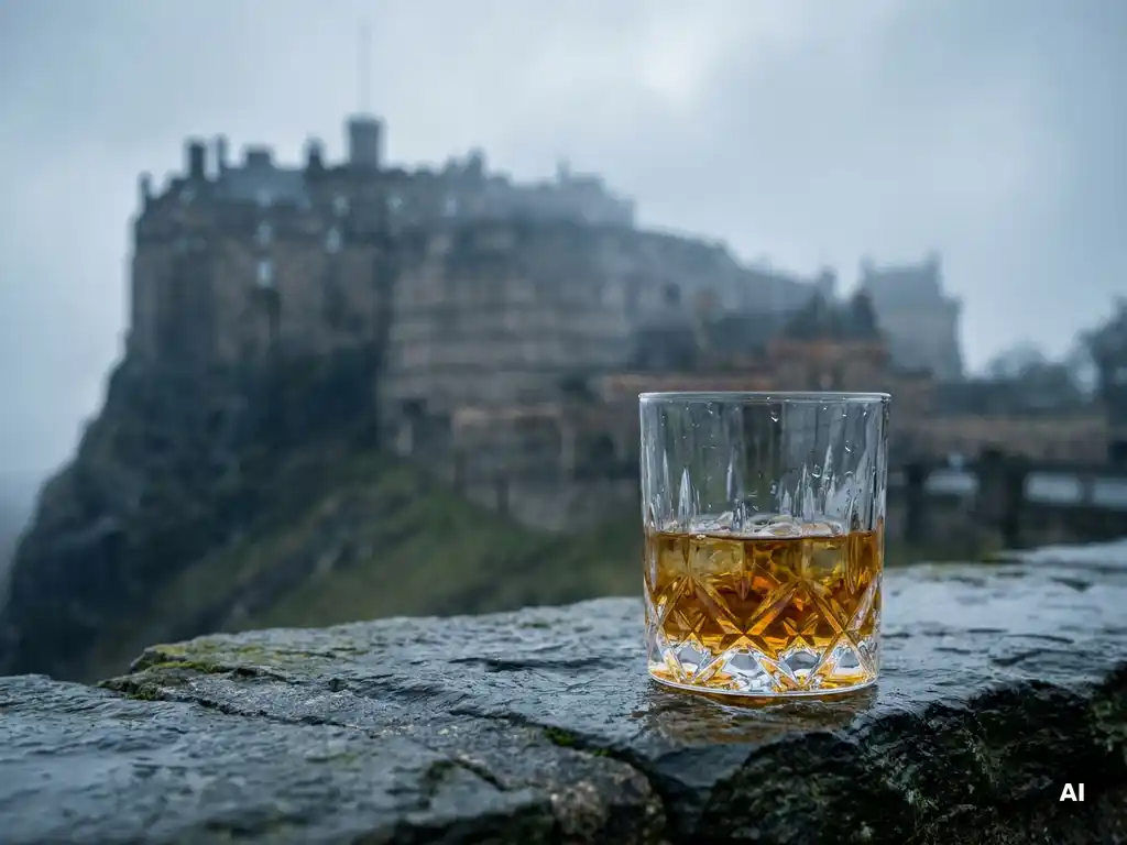 Crystal whisky glass filled with amber single malt Scotch on a stone ledge, Edinburgh Castle rising through misty Highland haze behind it.