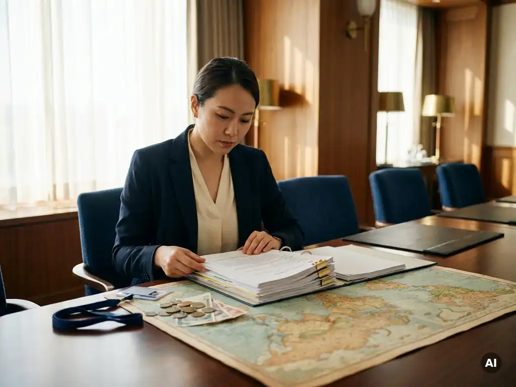 Event coordinator reviewing official documents at a hotel conference table with a global map, foreign currency, and lanyard badge nearby.