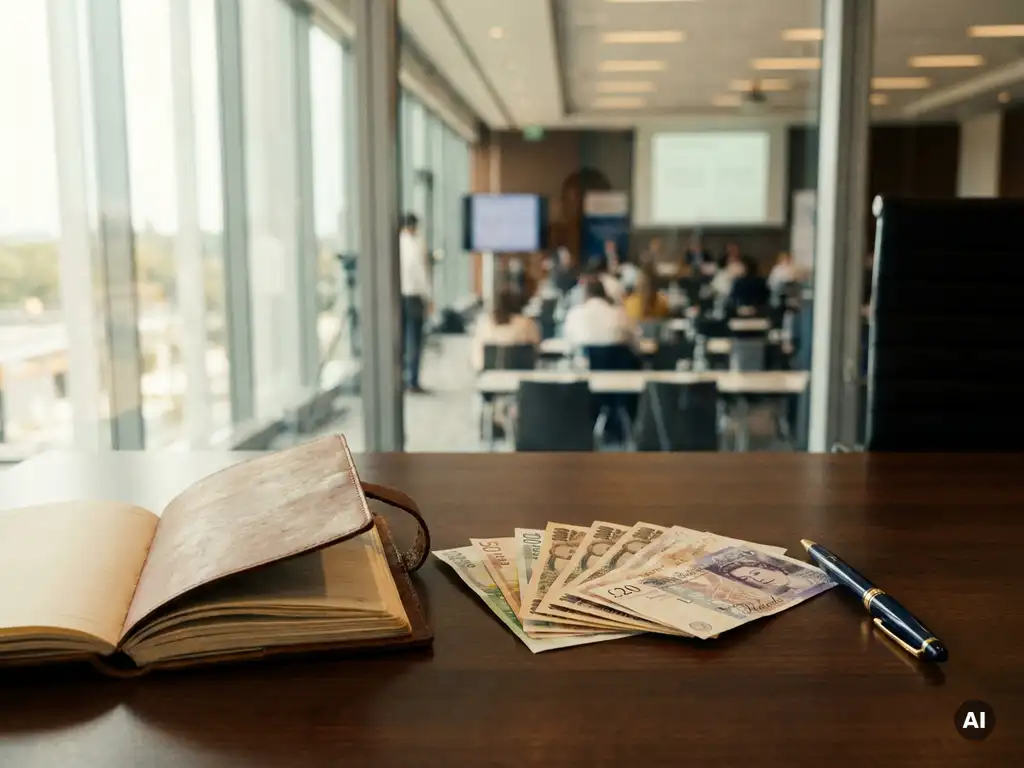 Event planner's desk with an open leather notebook, fanned foreign currency notes, and an elegant pen, conference venue visible through floor-to-ceiling windows.
