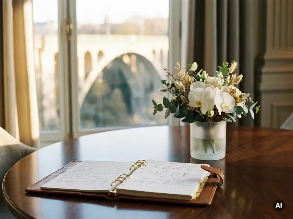 Event planner's notebook and floral centerpiece on a polished table, Adolphe Bridge visible through a sunlit window in Luxembourg City.