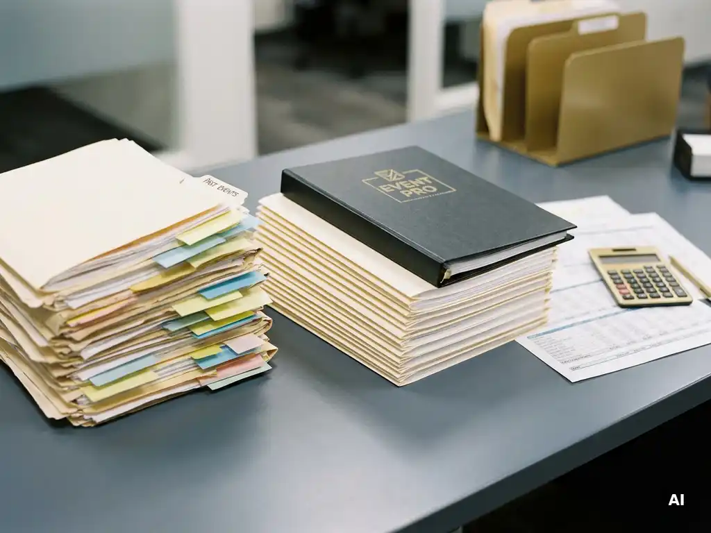 Two event planning folder stacks on a corporate desk—one worn with sticky notes, one minimal with a binder—beside a budget printout and calculator.