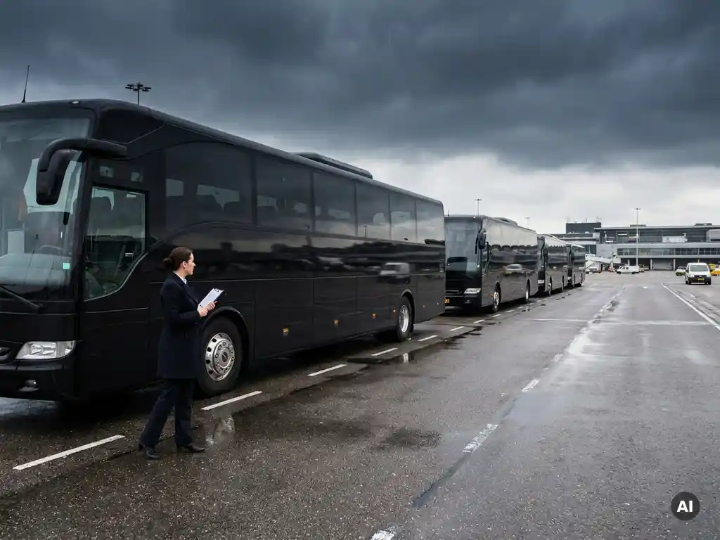 Fleet of black executive coaches on Amsterdam airport tarmac with an event coordinator holding a clipboard beside the lead vehicle.