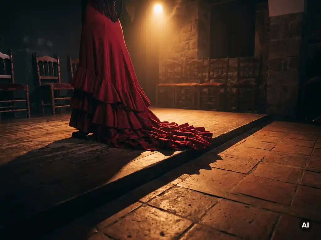 Vibrant red ruffled flamenco dress pooling on a worn wooden stage, dramatic spotlight casting shadows across terracotta tiles beside empty elegant chairs.