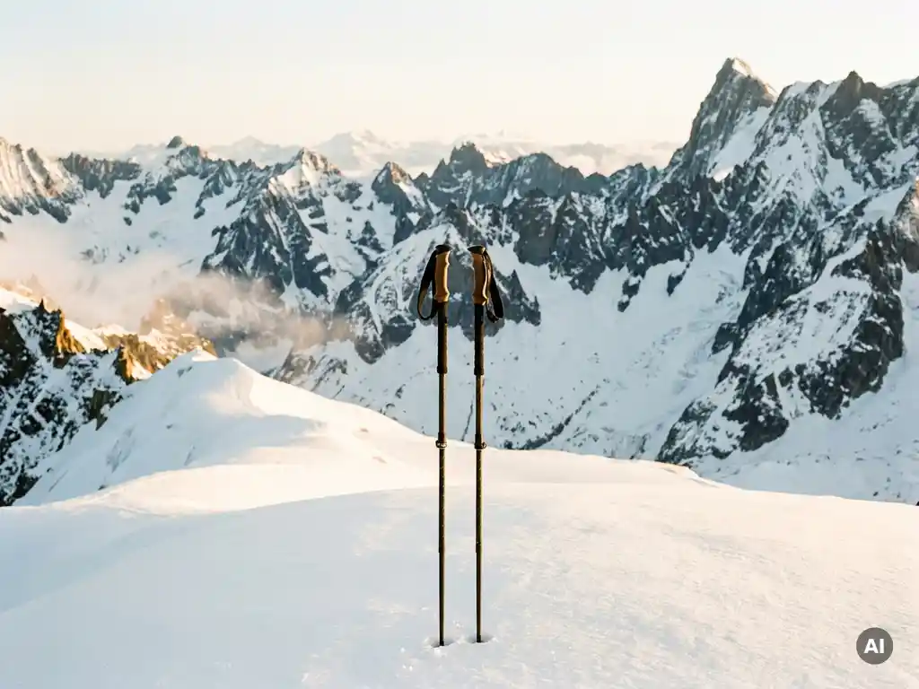 Premium ski poles planted in untouched powder with jagged snow-capped French Alpine peaks glowing in warm golden sunrise light.