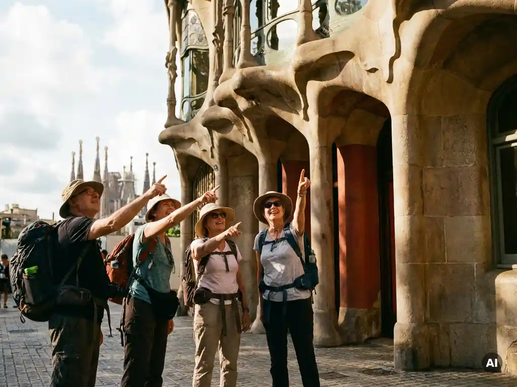 Tourists looking up at Gaudí's ornate mosaic stone facade in Barcelona, warm sunlight highlighting terracotta tilework against a clear blue sky.
