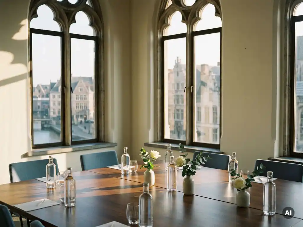 Elegant conference table with minimalist glassware and white florals, gothic windows overlooking Ghent's medieval rooftops in warm afternoon light.