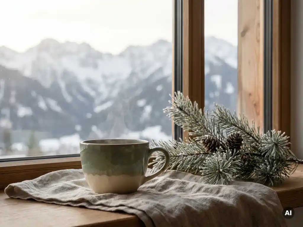Steaming herbal tea in a ceramic cup on linen cloth beside a frosted pine branch, with snow-dusted Austrian Alps visible through a chalet window.