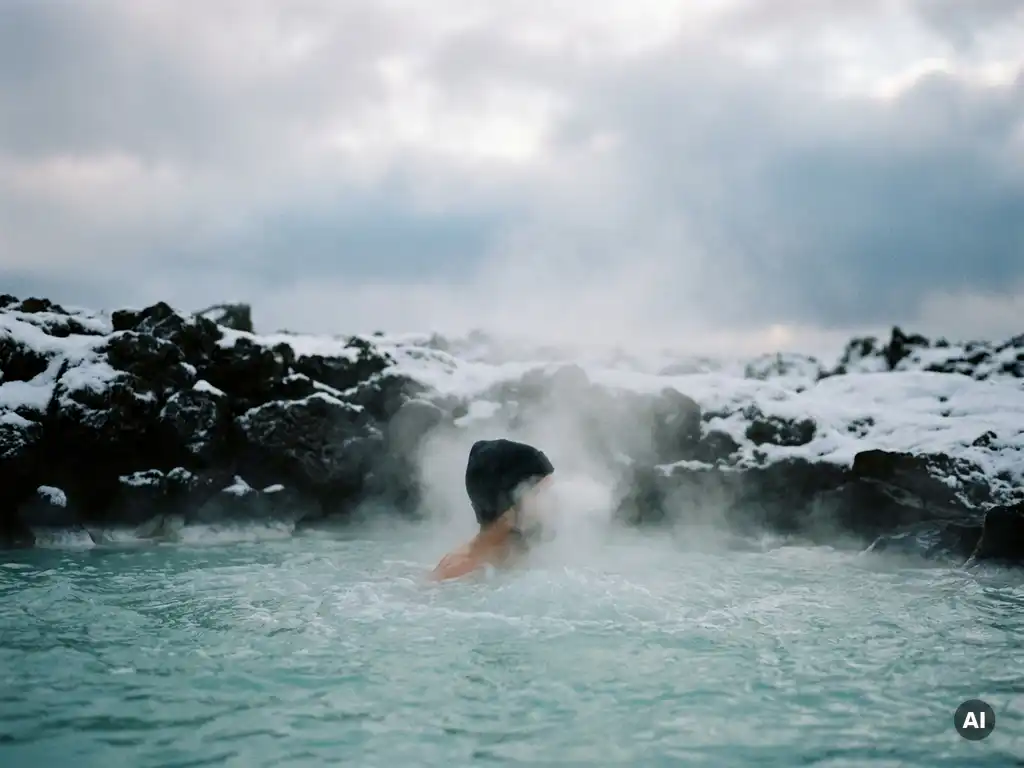 Lone bather soaking in a steaming milky-blue geothermal pool surrounded by snow-dusted volcanic rock in Iceland.