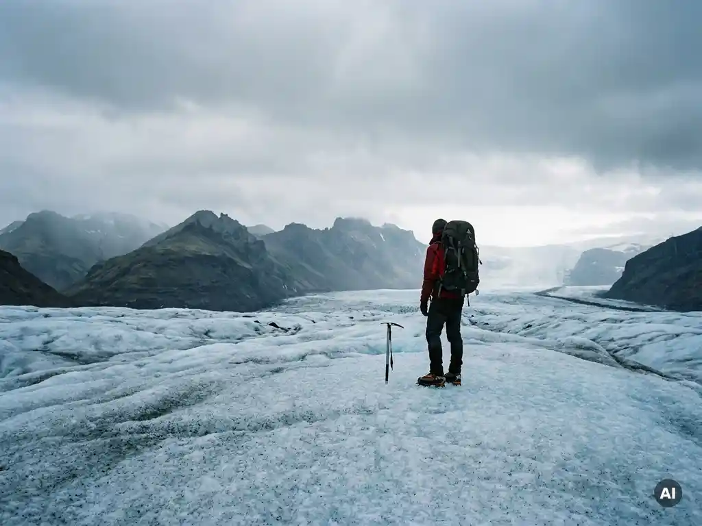 Hiker with crampons and ice axe pausing on Iceland's vast glacial ice field, misty volcanic mountains dissolving into the overcast horizon.